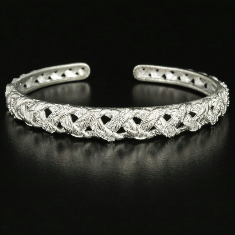 Judith Ripka Silver Hinged Cuff Bracelet with Intricate Openwork Design